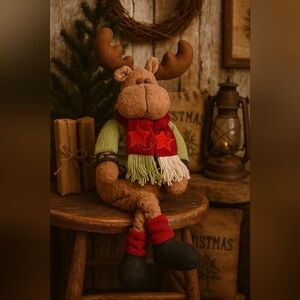 Vintage Christmas Plush Moose – Rustic Holiday Decor – Cabin Lodge Style